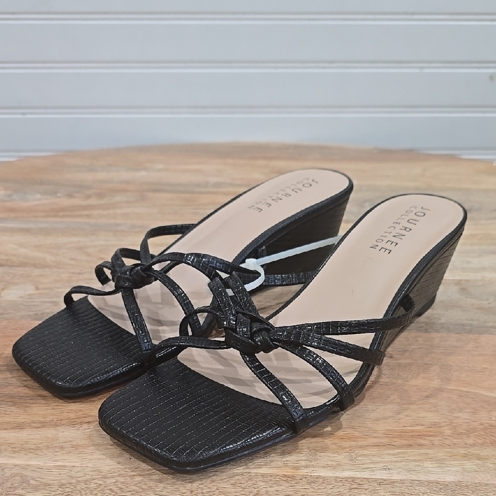 Journee Collection Black Wedge Sandals with Criss-Cross Straps
